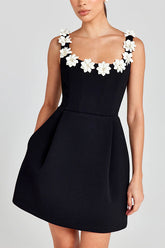 Faux Pearl Flower Applique Square Neck Pocketed Mini Dress